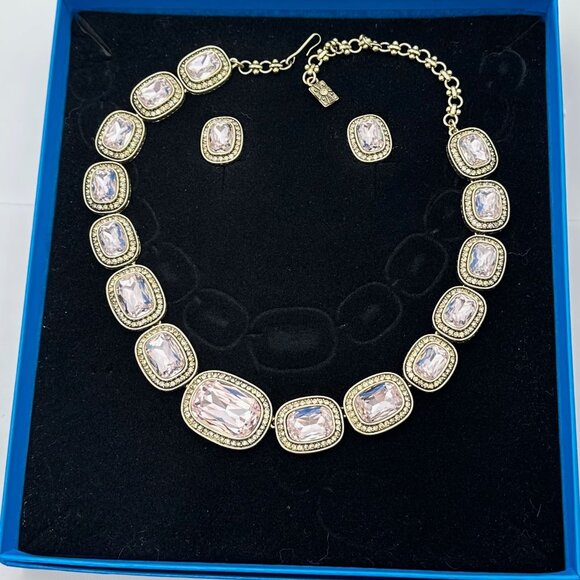 Heidi Daus Pink Crystal Bronze Tone Necklace Clip Earrings 16 to 20 Inch in Box - Picture 2 of 3